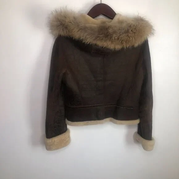 Blue Duck Leather Real Fur Bomber Coat Jacket M Brown Trim Medium - Picture 7 of 10